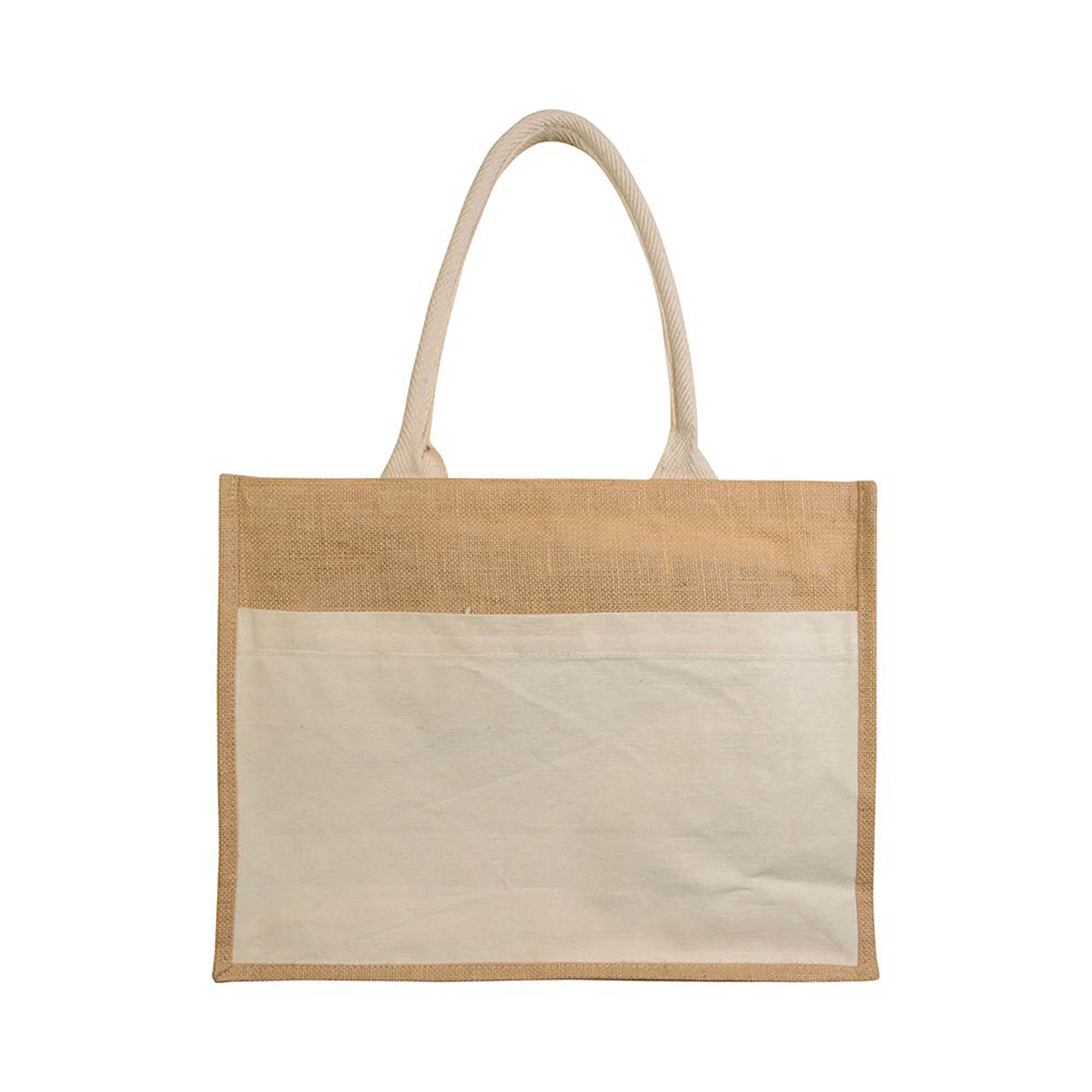 Shopper con soffietto in Juta con interno cerato, manici e tasca esterna in cotone 2 manici e tasca esterna in cotone