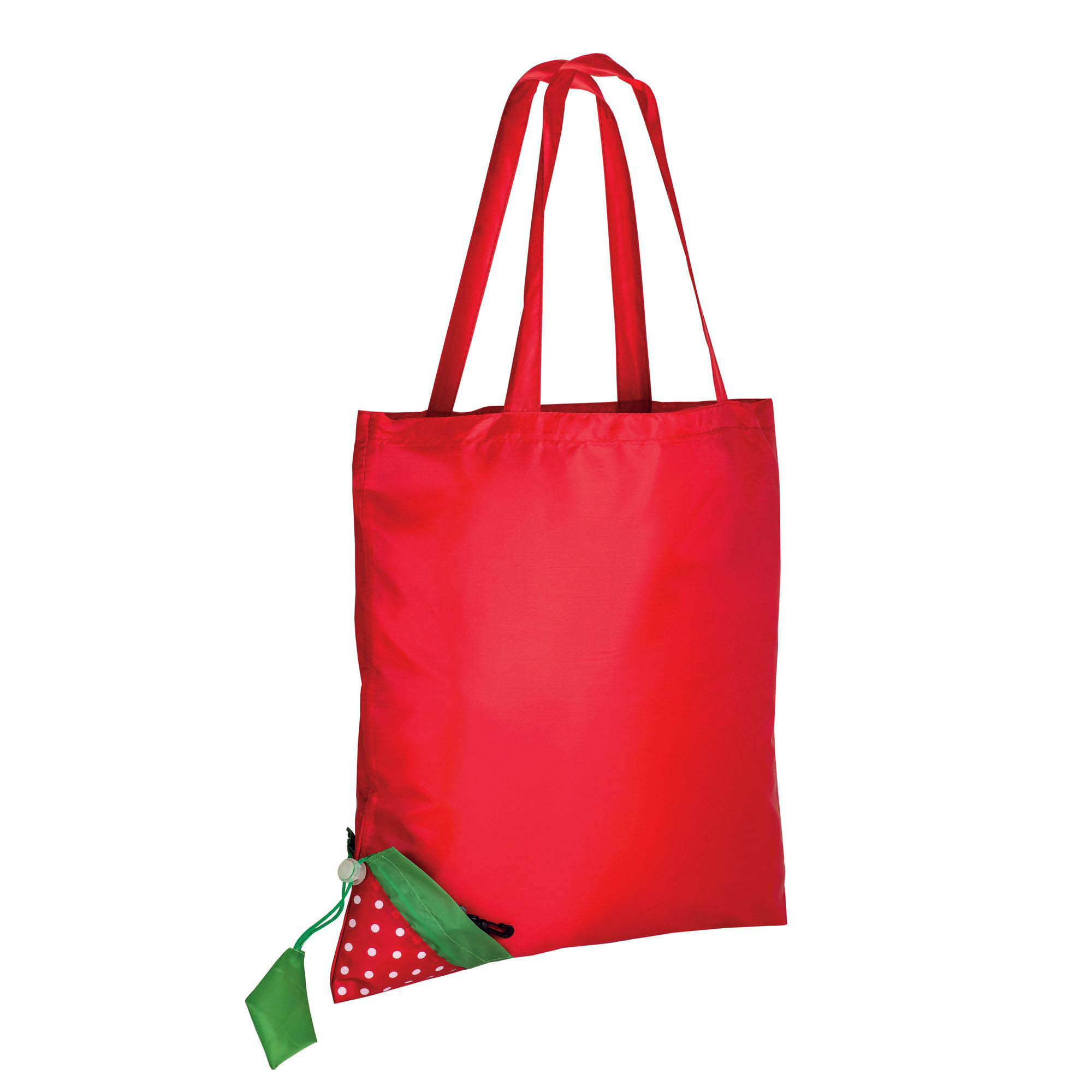 Shopper ripiegabile a forma di fragola in poliestere 190T, con foglia personalizzabile 1 Shopper ripiegabile a forma di fragola in poliestere 190T