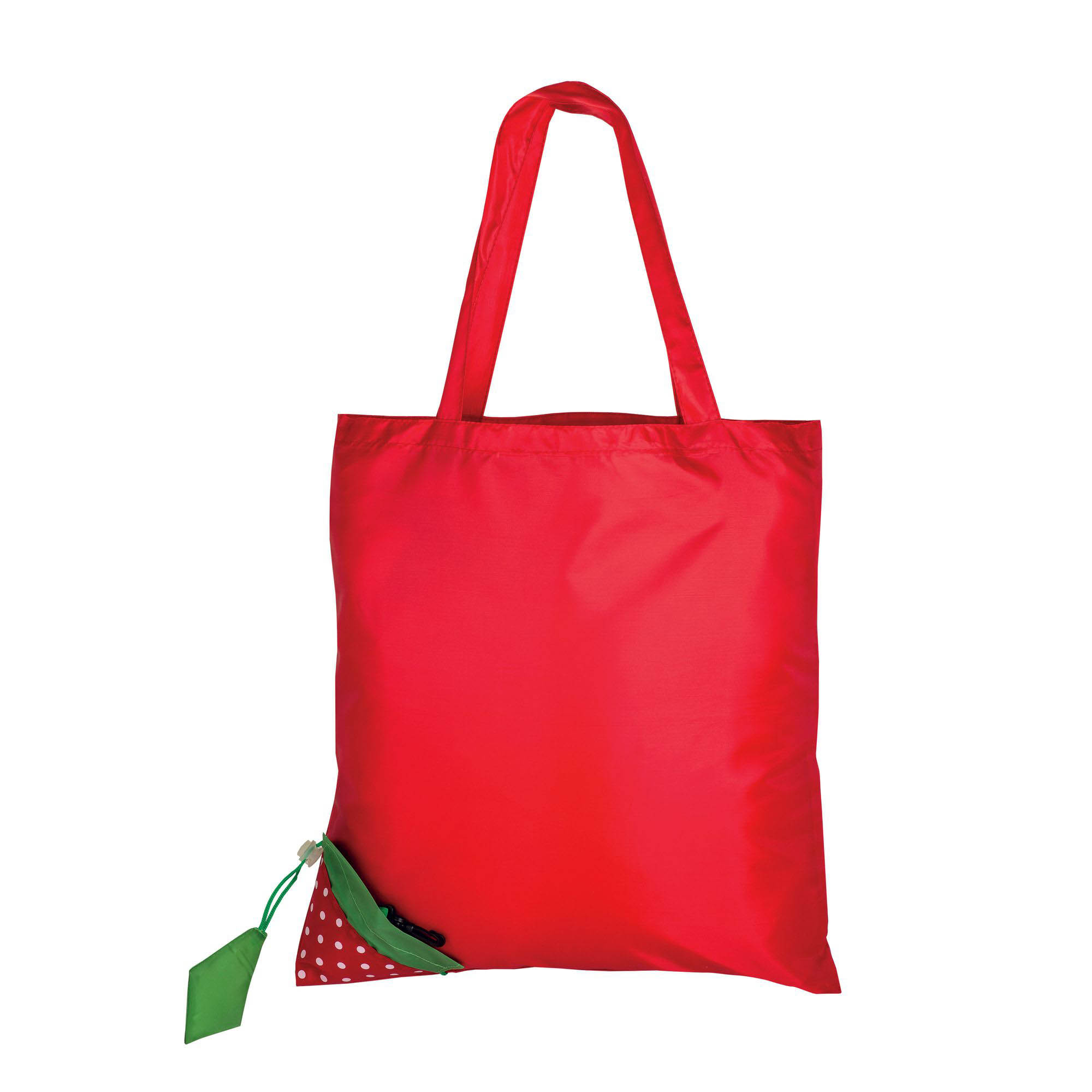 Shopper ripiegabile a forma di fragola in poliestere 190T, con foglia personalizzabile 2 con foglia personalizzabile