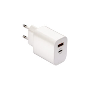 Caricabatterie USB in ABS con 1 porta USB A e 1 porta USB-C. spina europea a 2 poli