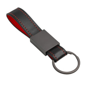 Portachiavi in PU con cucitura colorata con placchetta e anello in metallo nero opaco