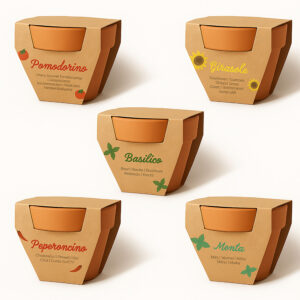 Vasetto in terracotta naturale con torba e capsula biodegradabile contenente semi