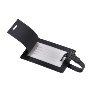 Etichetta per bagagli in soft PU. Con cartoncino interno per nome e dati di contatto